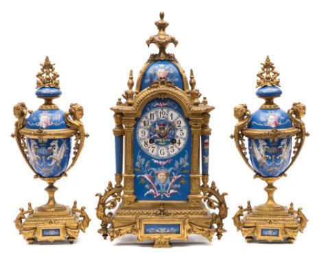 Richard et Cie, Paris, a gilt metal and porcelain clock garniture: the eight-day duration movement striking the hours and hal