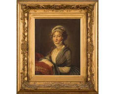 Circle of Louis-Leopold Boilly [1761-1845]-A portrait of a young lady,:- half-length standingwearing a green shawl over a whi