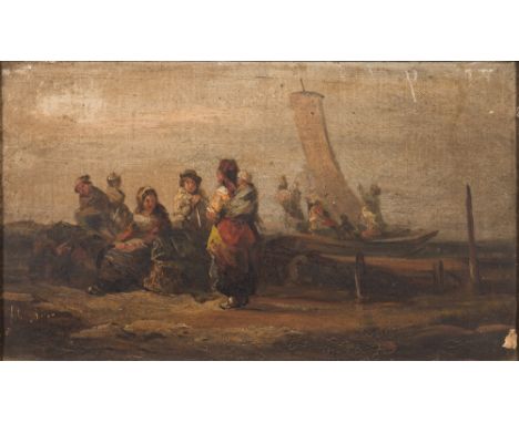 English School 19th Century-Fisherfolk on a beach,:-indistinctly signed bottom left oil on canvas, 16 x 29cm, together with a