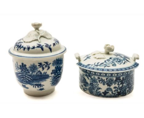 A First Period Worcester blue and white sucrier and cover together with a similar butter tub and cover: both transfer printed