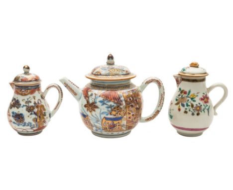 A London decorated Chinese teapot and cover, a similar milk jug and cover and one other: the teapot and first milk jug painte