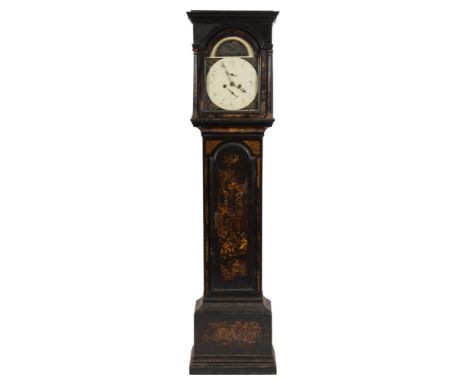 A lacquered longcase clock: the eight-day duration movement striking the hours on a bell, the twelve-inch painted break-arch 