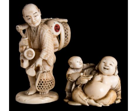 A Japanese carved ivory okimono, signed Isshi; and a netsuke, signed Gyokushu: the first in the form of a street vendor selli