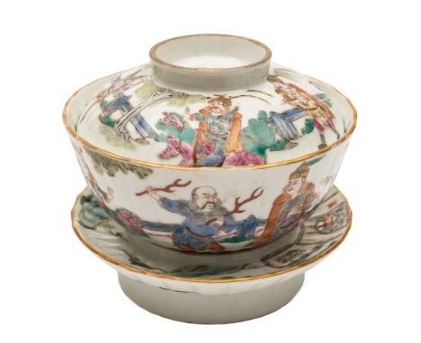 A Chinese famille rose bowl, cover and stand: of fluted form, enamelled with characters from 'The Table of Peerless Heroes', 