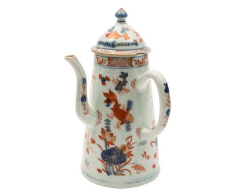 A Chinese Imari chocolate pot and cover: of tapered cylindrical form with side spout and domed cover, painted in underglaze b