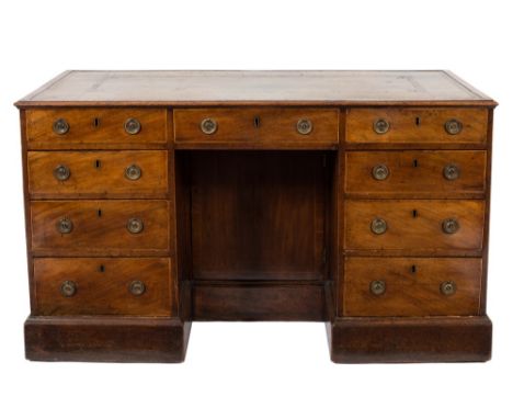 A George III mahogany and inlaid kneehole desk:, bordered with boxwood lines, the rectangular top inset with a panel of toole