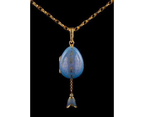 Fabergé. A modern blue enamelled egg locket pendant: suspending a diamond-set 'tulip' drop, stamped 'Fabergé 148/1000'  and '