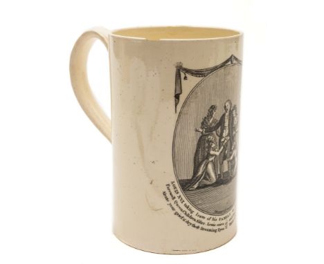A late 18th century creamware Commemorative mug: of cylindrical form with grooved loop handle, transfer printed in black by T