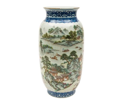 A Chinese famille verte 'landscape' vase: of lantern form, painted with numerous fishing boats and buildings in an extensive 