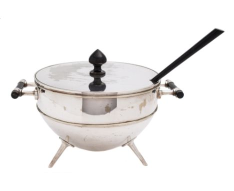 Christopher Dresser (1834-1904) a silver plate  tureen, cover and ladle, manufactured by Hukin & Heath: with ebony handles to