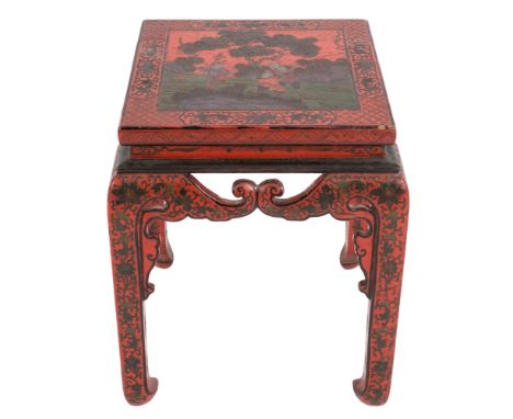 A Chinese red and black lacquer square urn table:, the top decorated with figures amidst trees and shrubs within a border of 