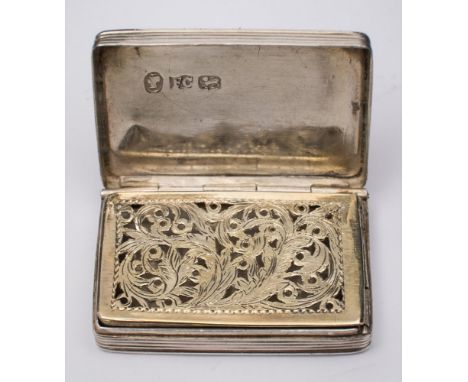 A Victorian silver vinaigrette, maker Francis Clark, Birmingham, 1840:  of rectangular outline, with engine turned decoration