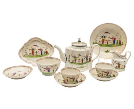 A New Hall porcelain part tea service: painted in the 'mandarin' palette with Oriental figures in a fenced garden, one holdin
