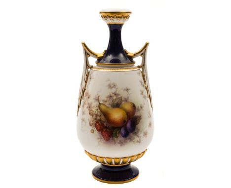 A Royal Worcester two-handled vase: painted by Richard Sebright with a bunch of pears, plumbs, strawberries and gooseberries,