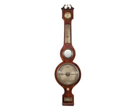 Corti, Exeter, a rosewood wheel barometer: having an eight-inch round silvered dial with blued steel hand and brass pointer, 