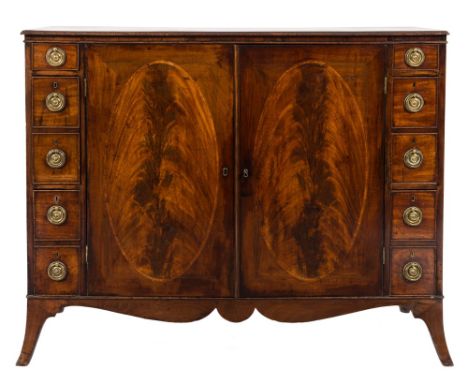A George III mahogany rectangular side cabinet:, the top with a moulded edge, the central cupboard fitted with adjustable she
