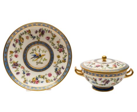 A French porcelain écuelle, cover and stand: enamelled with a meander of garden and wild flowers between narrow blue borders 