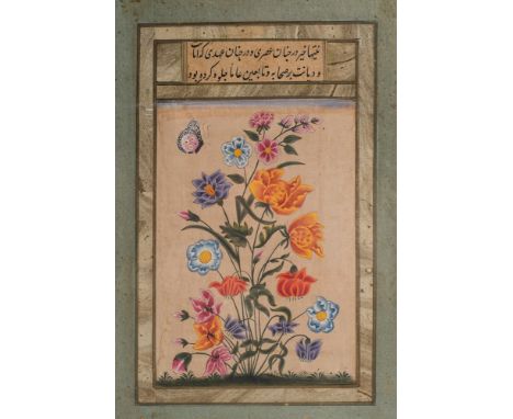 Four Mohgul botanical watercolours depicting various flowers: all with butterflies, and script above the image, each 23 x 14c