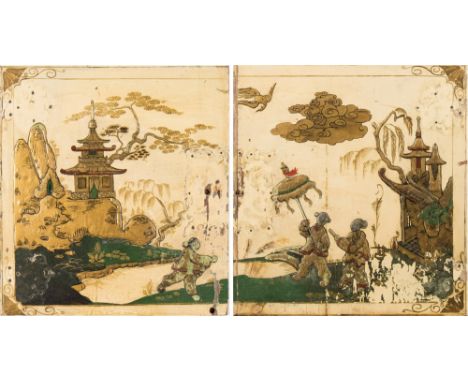 A pair of late 18th century chinoiserie decorated panels: depicting polychrome decorated figures in a pagoda landscape each p