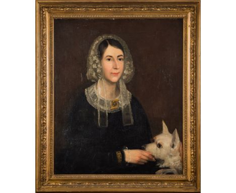 English School [19th century]-A portrait of a lady,:-half-length, wearing a black dress with lace collar and bonnet; a dog at