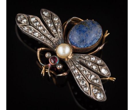A diamond and gem-set bee brooch: with outstretched wings pave-set with rose-cut diamonds, lapis lazuli abdomen, cultured pea