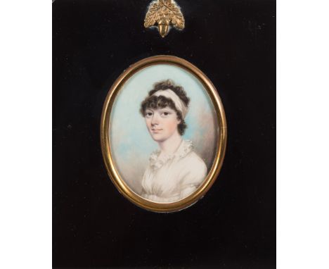 Circle of Andrew Plimer [1763-1837]-A miniature portrait of a young lady,:-with dark curling hair tied in a band and wide bro