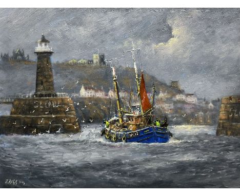Jack Rigg (British 1927-2023): 'First Landing' - Entering Whitby Harbour, oil on board signed and dated 2014, titled verso 46