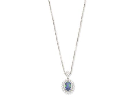 Opal and diamond pendant necklaceSet with an oval opal cabochon within a surround of brilliant-cut diamonds, to a similarly-c