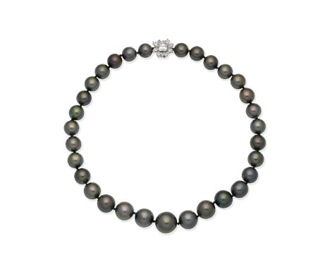 Cultured pearl and diamond necklaceThe 11.5mm - 16.5mm cultured pearls of grey tint to a clasp set with an octagonal step-cut