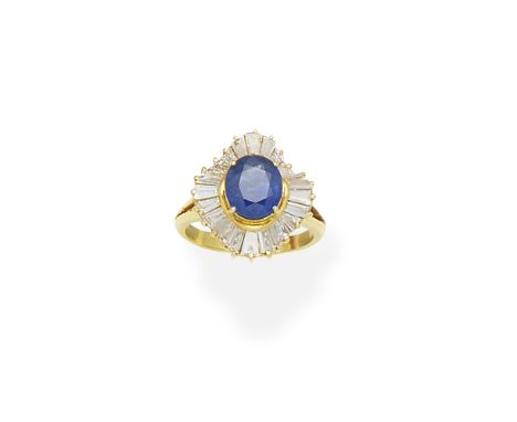 Sapphire and diamond ballerina ringSet with an oval-cut sapphire and tapered baguette-cut diamonds, ring size approx. M½For f