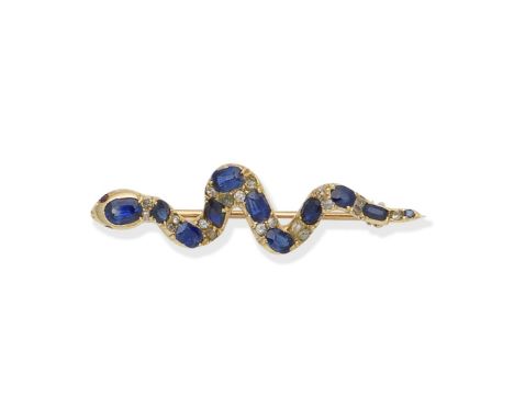 Sapphire and gem-set serpent BroochSet with oval-cut sapphires, circular-cut pastes and old brilliant-cut diamonds, with circ