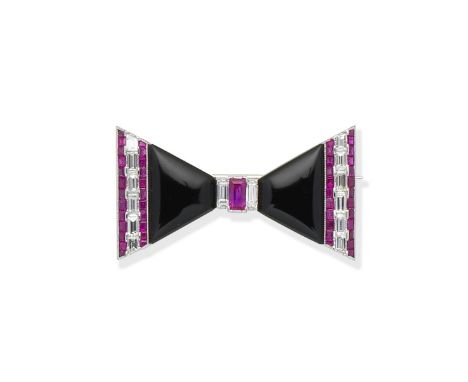 Ruby, onyx and diamond bow broochSet with step-cut rubies, baguette-cut diamonds and onyx panels, width 4.3cmFor further info