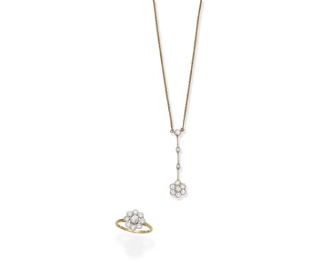 Diamond floral cluster ring and pendant necklace1st: Millegrain-set with old brilliant-cut diamonds, 2nd: Set with old brilli