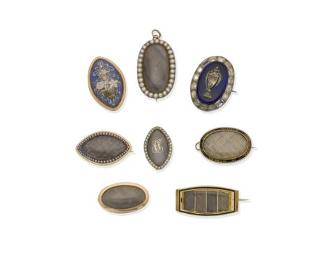 Eight mourning brooches, late 18th - early 19th centuriesSix set with plaited hair, two within half pearl and seed pearl fram