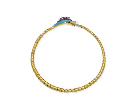 Enamel ruby and diamond serpent necklace, circa 1845The blue enamel head set with rose-cut diamonds, oval-cut and pear-shaped