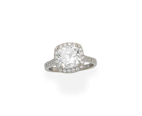 Diamond cluster ringSet with a cushion-shaped diamond weighing 3.05cts, the surround, collet and shoulders set with brilliant