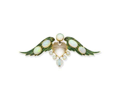 Opal, rock crystal and enamel broochdesigned as a rock crystal heart with green enamelled wings, set with opal cabochons and 