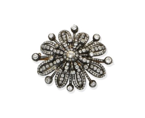 Diamond broochThe elaborate flower set throughout with cushion-shaped, old brilliant and rose-cut diamonds, old brilliant and