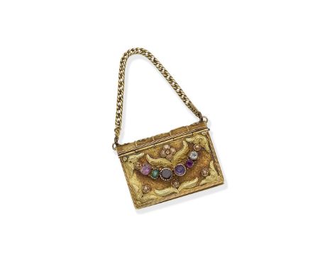 Gold and gem-set vinagrette, circa 1830Designed as a tricoloured gold book with foliate and floral detail, set with various g