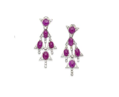 Ruby and diamond pendent earclipsEach designed as a cascade of textured triangular plaques set with oval cabochon rubies and 