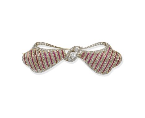 Ruby and diamond bow broochThe ribbons set with stripes of step-cut rubies and rose-cut diamonds, the knot set with similarly