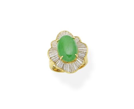 Jade and diamond ballerina ringThe oval jade cabochon within an undulating tapered baguette-cut diamond surround, diamonds ap