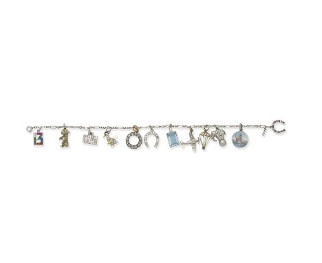Diamond and gem-set charm bracelet with two Cartier charms, circa 1920/1930The fancy-link chain suspending various charms, in