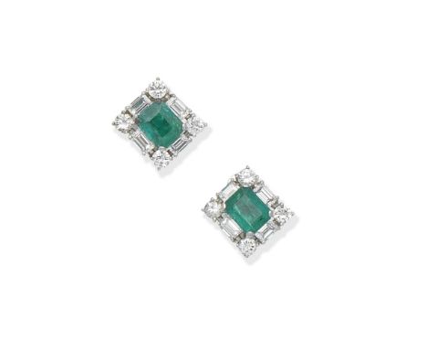 Emerald and diamond earclipsEach step-cut emerald within a surround of brilliant and baguette-cut diamonds, diamonds approx 3