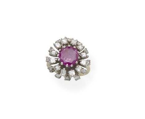 Ruby and Diamond cluster ringSet with a circular-cut ruby, within a surround of step and brilliant-cut diamonds, ring size ap