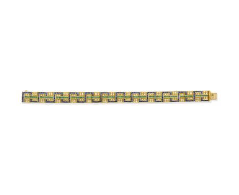 Gem-set braceletSet with step-cut emeralds, sapphires and brilliant-cut diamonds in a geometric formation, length 17.6cmFor f