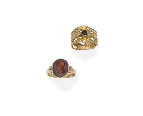 Gold and hardstone intaglio ring, circa 1790, and a gold and gem-set ringDescription: 1st: Oval, depicting a bust facing left