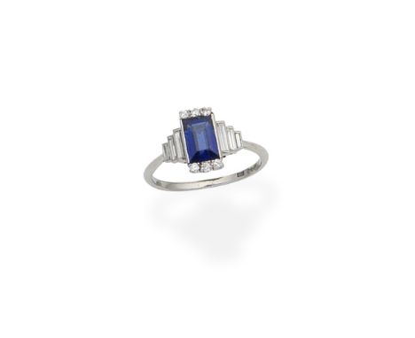 Alabaster &amp; Wilson: sapphire and diamond ring, circa 1920Set with a step-cut sapphire, with brilliant-cut diamond accents