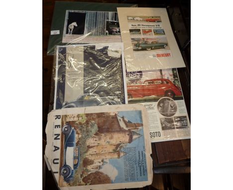 Vintage automobilia advertisements and a mounted colour photo by Gerry Lamarre