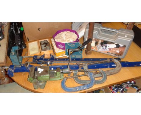 Three sash clamps, two G clamps, a vice etc., inc. an electric biscuit joiner
